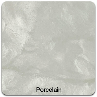 A smooth, light gray surface sample labeled "Porcelain" with a subtle marbled texture.